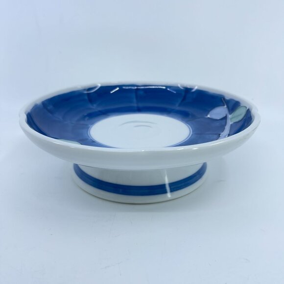 hand painted japanese pedestal bowl with floral design & blue accents - Picture 2 of 5